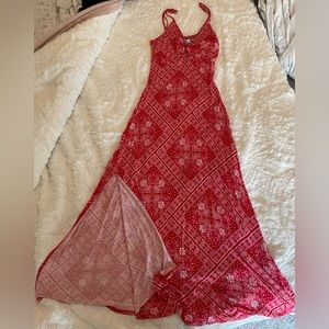 Red and white bandanna pattern maxi dress with adjustable straps